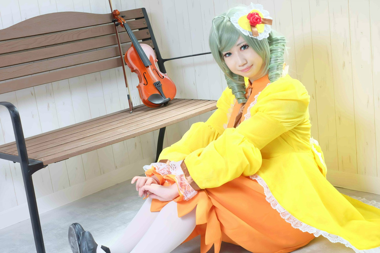 1girl curtains dress drill_hair flower green_hair guitar hair_flower hair_ornament instrument kanaria sitting smile solo