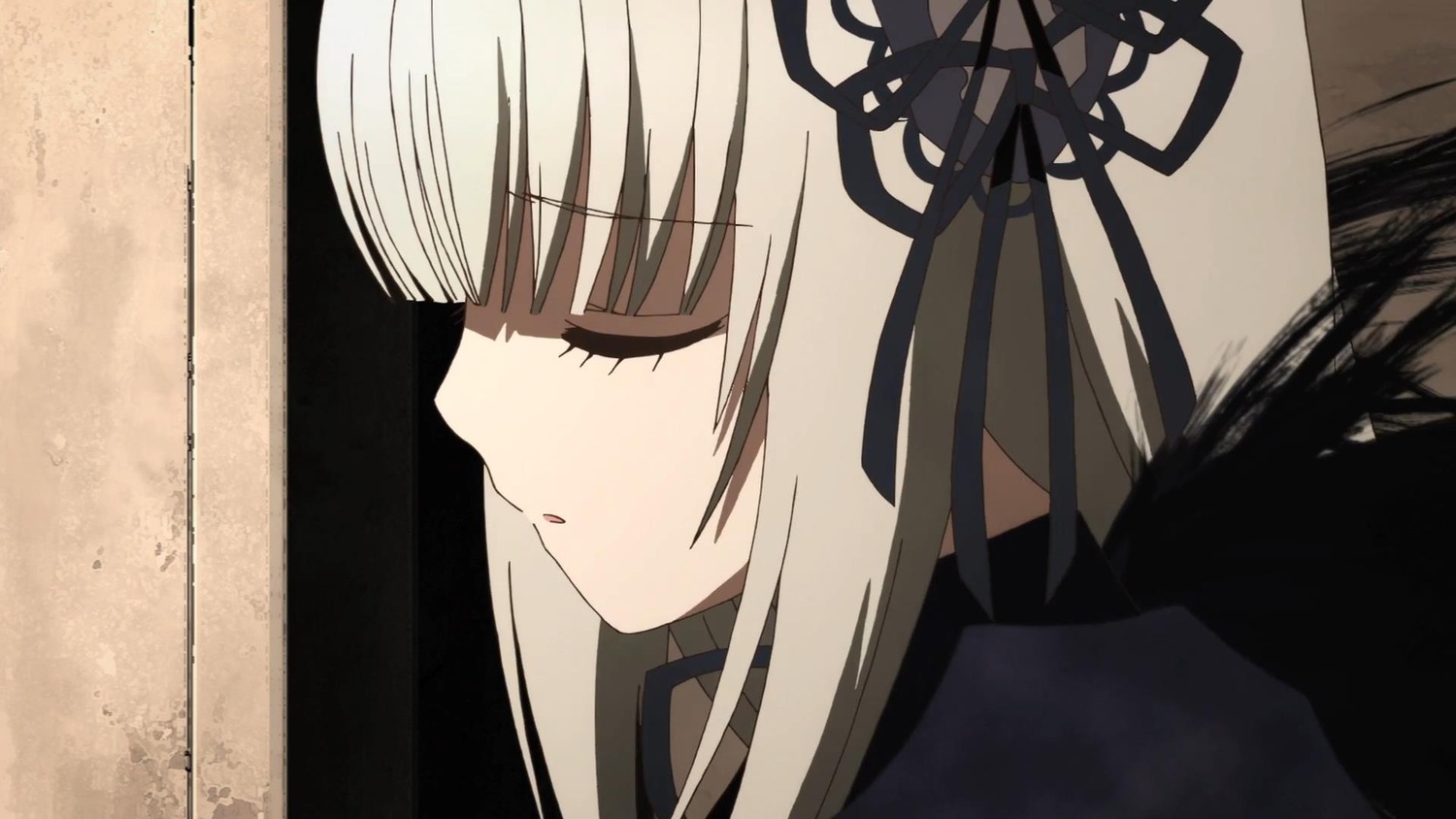 1girl auto_tagged bangs black_dress black_ribbon blush closed_eyes eyebrows_visible_through_hair from_side hair_ribbon image long_hair parted_lips portrait profile ribbon solo suigintou