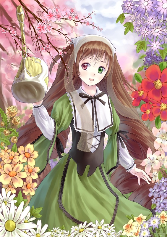 1girl 230_okuto :d brown_hair commentary_request dress flower green_dress green_eyes hairband head_scarf heterochromia image long_hair long_sleeves looking_at_viewer open_mouth red_eyes rozen_maiden smile solo suiseiseki very_long_hair watering_can