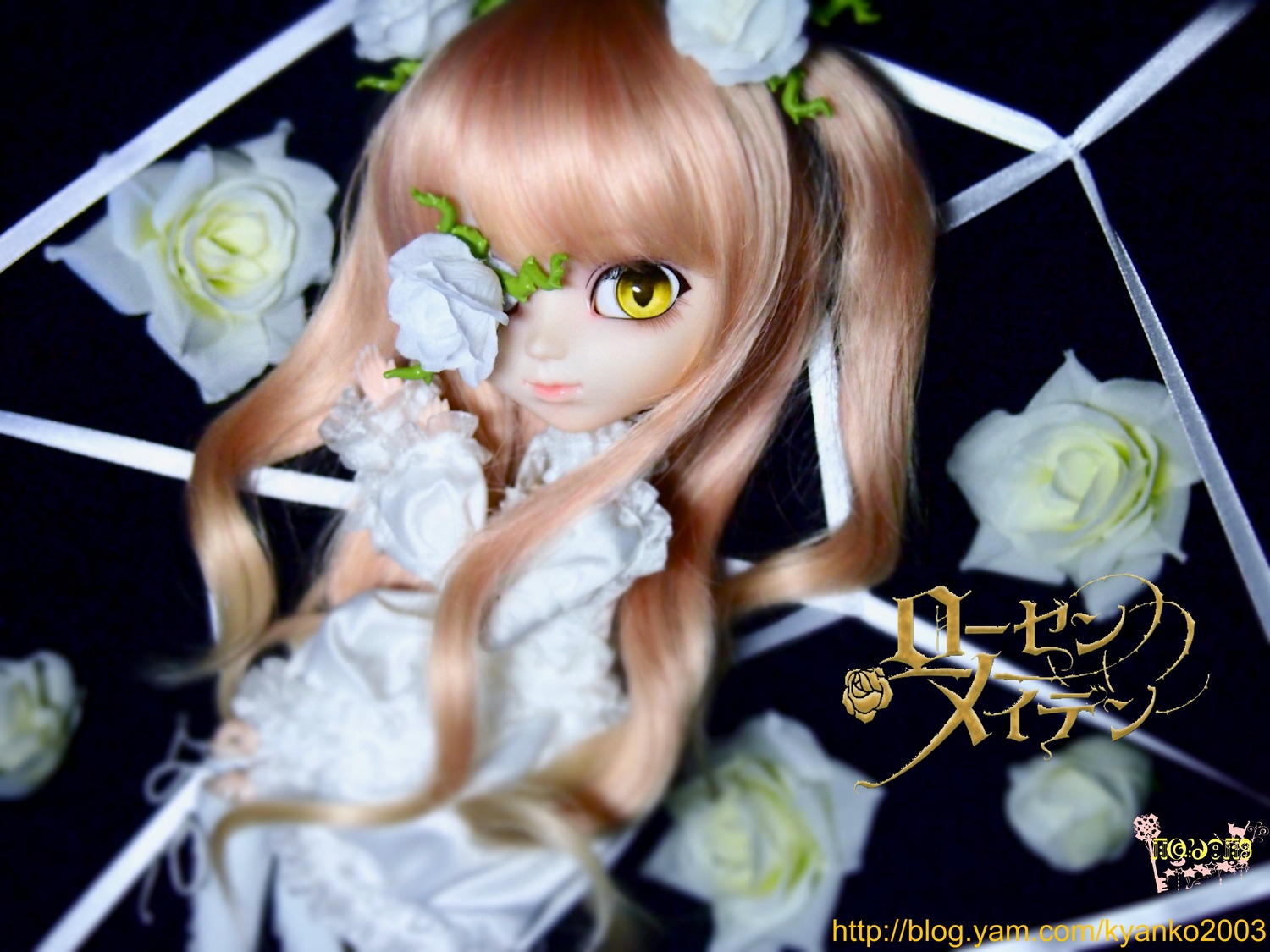 1girl auto_tagged bangs blurry blurry_background blurry_foreground depth_of_field doll dress eyepatch flower hair_ornament kirakishou long_hair rose sleeveless solo two_side_up white_dress white_flower white_rose yellow_eyes