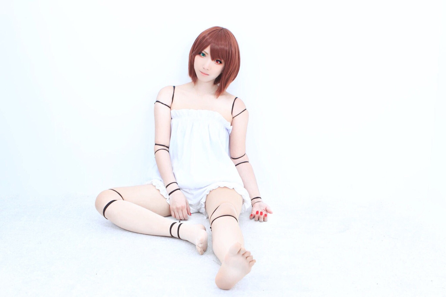 1girl arm_strap armlet barefoot brown_hair doll_joints dress full_body joints looking_at_viewer robot_joints short_hair sitting solo souseiseki strap_slip white_dress