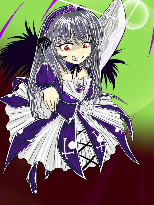 1girl black_wings dress flower frills grin hairband image long_hair long_sleeves looking_at_viewer red_eyes rose smile solo suigintou teeth wings