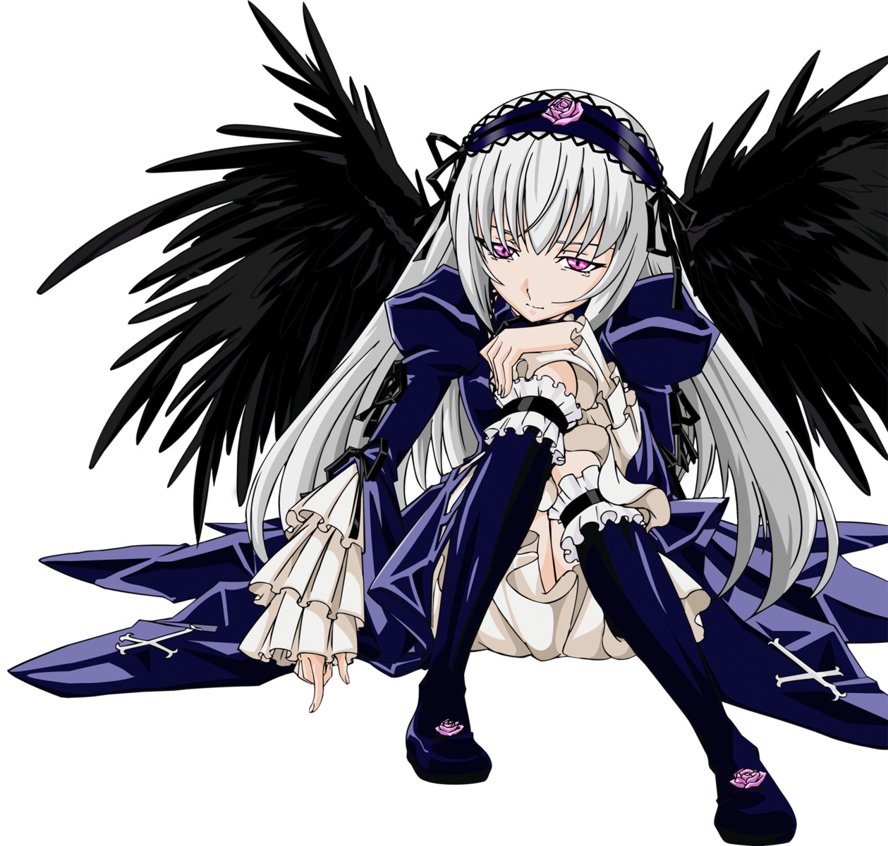 1girl black_wings boots dress frilled_sleeves frills full_body hairband image long_hair long_sleeves looking_at_viewer pink_eyes rose silver_hair sitting solo suigintou white_background wings