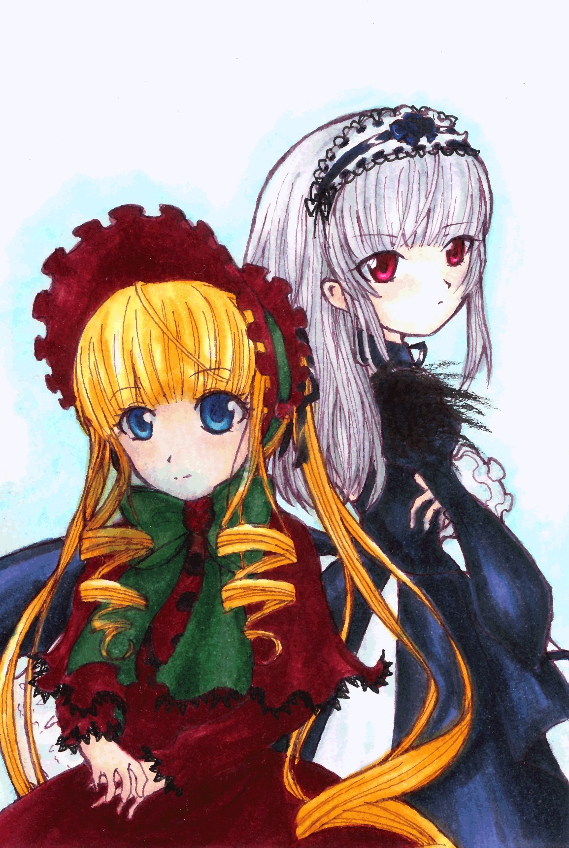 2girls blonde_hair blue_eyes bonnet dress drill_hair flower frills hairband image long_hair long_sleeves looking_at_viewer multiple_girls pair red_dress red_eyes shinku silver_hair suigintou traditional_media twin_drills twintails