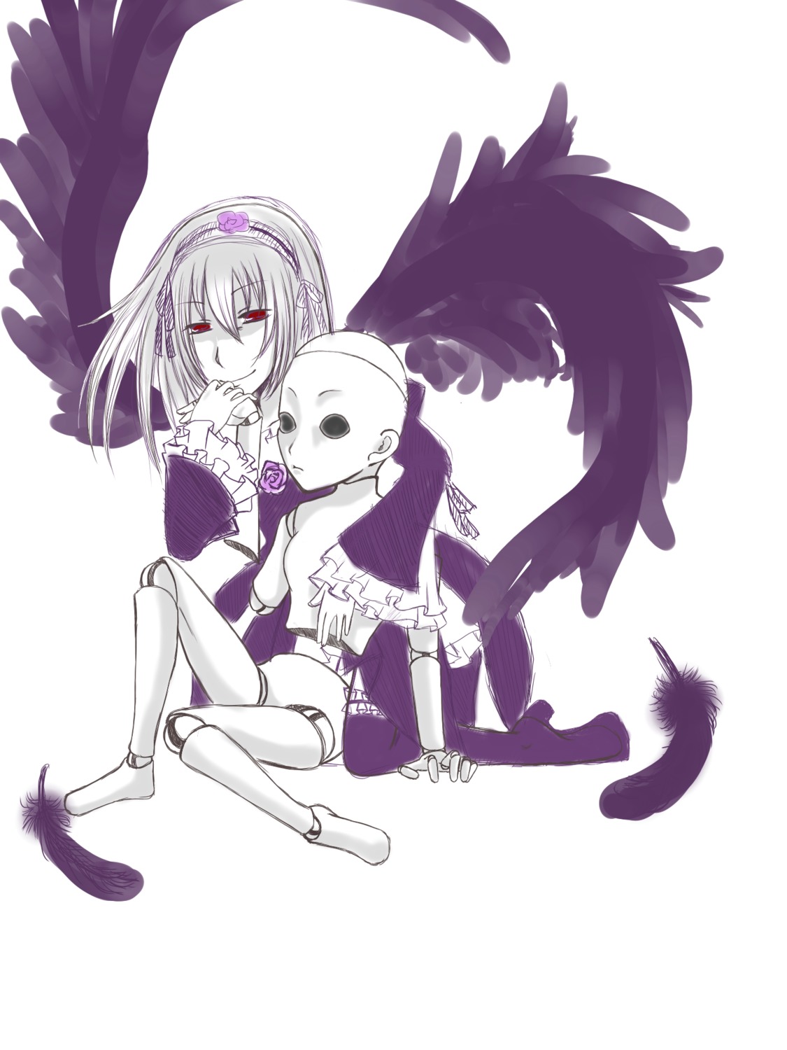 2girls black_wings dress feathered_wings feathers hairband image long_hair monochrome multiple_girls red_eyes sitting solo suigintou wings