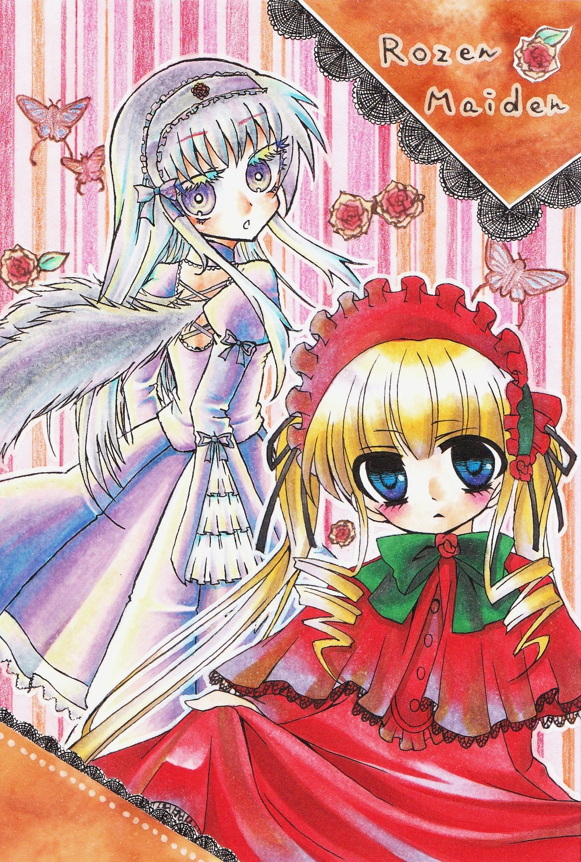 2girls blonde_hair blue_eyes blush bonnet bow dress drill_hair flower image long_hair long_sleeves looking_at_viewer marker_(medium) multiple_girls pair red_dress rose shinku suigintou traditional_media twin_drills very_long_hair watercolor_(medium) wings