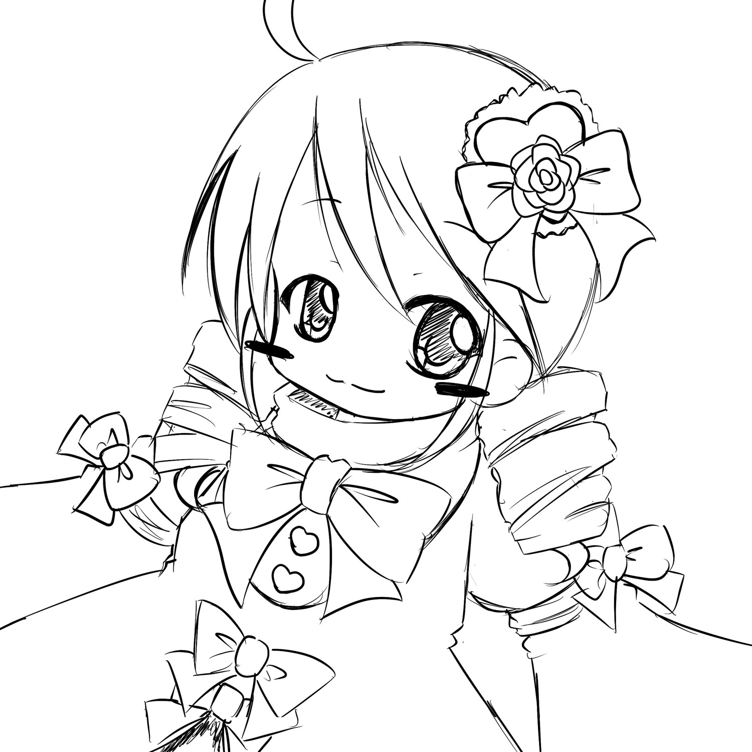 1girl ahoge bell blush bow dress drill_hair eyebrows_visible_through_hair flower greyscale hair_ornament image jingle_bell kanaria long_hair looking_at_viewer monochrome smile solo striped striped_bow twin_drills