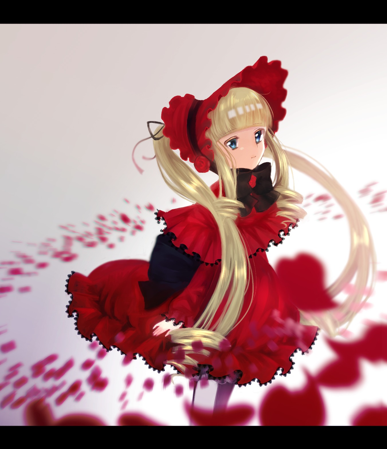 1girl auto_tagged blonde_hair blue_eyes blunt_bangs blurry blurry_foreground bonnet bow capelet depth_of_field dress flower image letterboxed long_hair long_sleeves looking_at_viewer rose shinku solo twintails