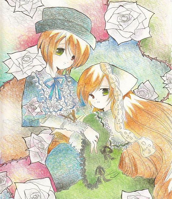 2girls blonde_hair blue_rose dress flower frills green_eyes hat head_scarf heterochromia image long_hair long_sleeves multiple_girls orange_hair pair pink_flower pink_rose purple_rose ribbon rose short_hair siblings sisters smile souseiseki suiseiseki traditional_media twins watercolor_(medium) white_flower white_rose yellow_rose