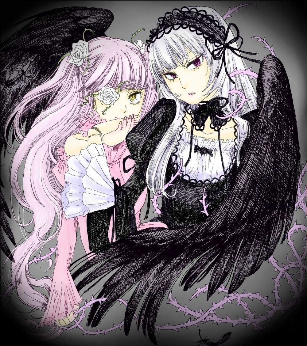 2girls bad_id bad_pixiv_id black_wings cross doll_joints dress eyepatch feathers flower frills gothic hairband image jinnikureiche joints kirakishou long_hair multiple_girls pair pink_hair purple_eyes rose rozen_maiden suigintou wings yellow_eyes