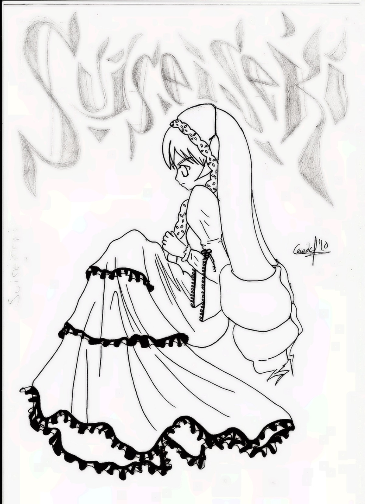 1girl dress frills full_body greyscale image long_hair long_sleeves monochrome profile puffy_sleeves solo suiseiseki