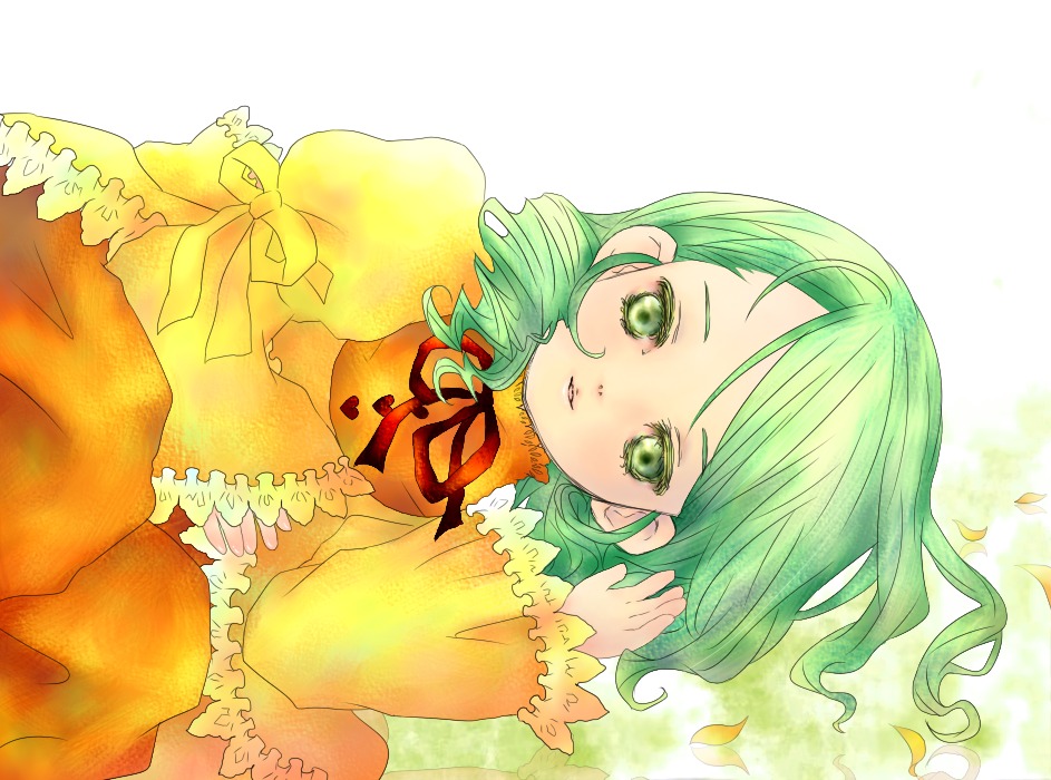 1girl dress frills green_eyes green_hair image kanaria long_sleeves lying ribbon solo striped striped_background traditional_media vertical_stripes yellow_dress