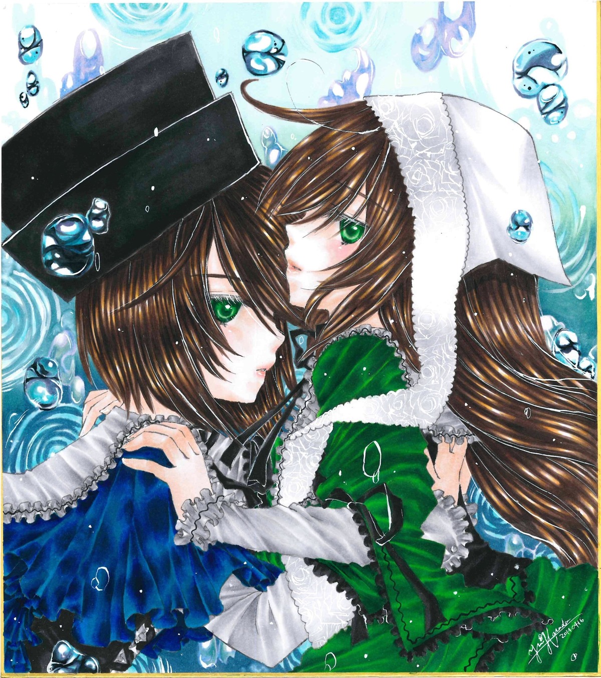 2girls brown_hair bubble dress frills green_dress green_eyes hair_over_one_eye hat head_scarf image long_hair long_sleeves multiple_girls pair short_hair siblings sisters souseiseki suiseiseki traditional_media twins