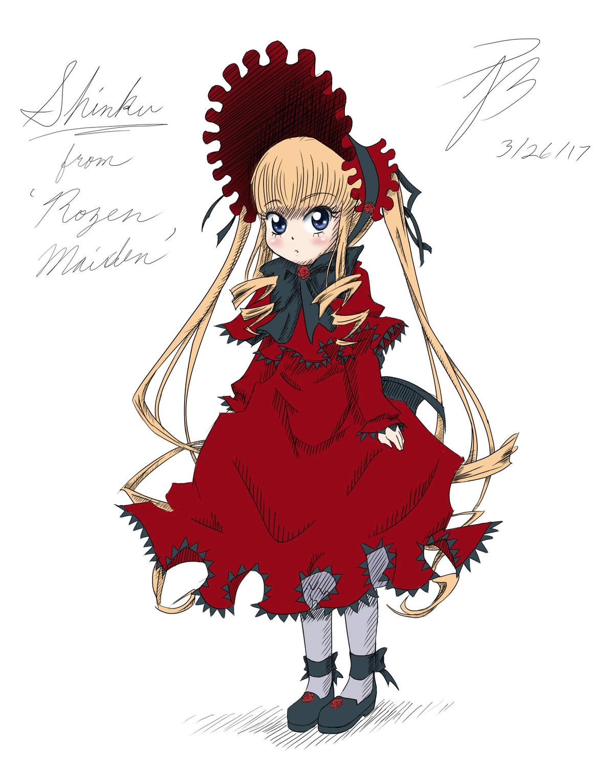 1girl blonde_hair blue_eyes blush bonnet bow bowtie capelet dress full_body image long_hair long_sleeves looking_at_viewer red_capelet red_dress shinku sidelocks solo standing torn_clothes twintails umbrella very_long_hair