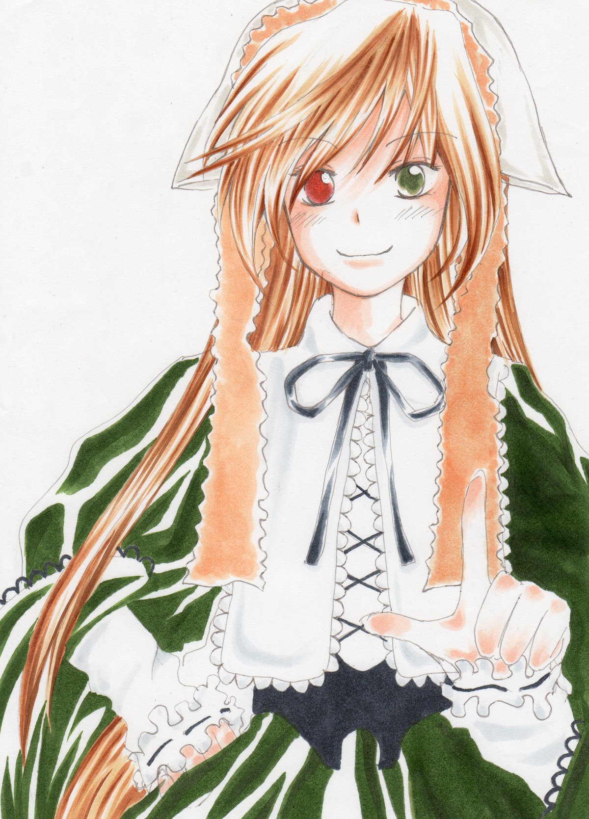 1girl dress frills green_dress green_eyes heterochromia image long_hair long_sleeves looking_at_viewer marker_(medium) red_eyes simple_background smile solo suiseiseki traditional_media very_long_hair watercolor_(medium) white_background