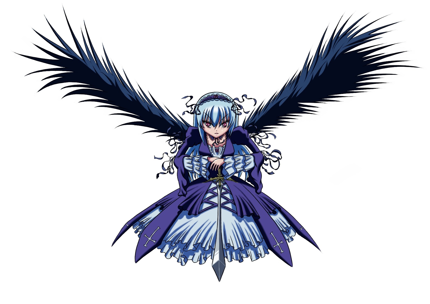 1girl auto_tagged black_wings blue_hair dress flower frills full_body hairband image long_sleeves red_eyes ribbon rose solo suigintou white_background wings