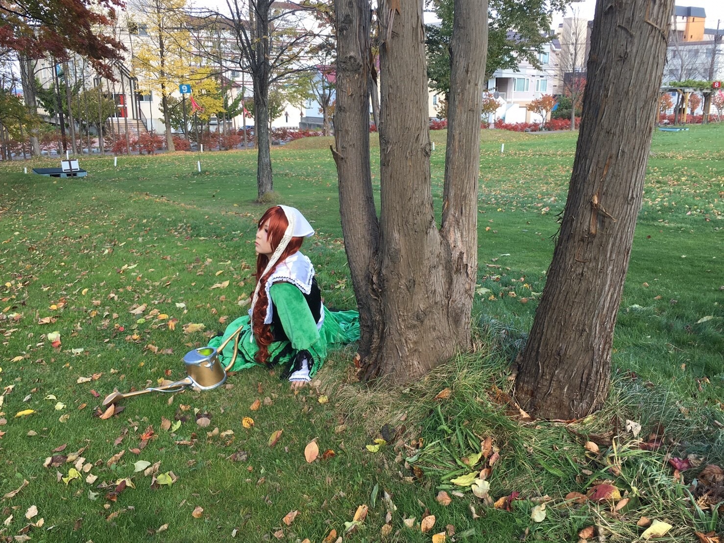 1girl brown_hair day flower grass hood hood_up instrument outdoors scenery solo suiseiseki tree