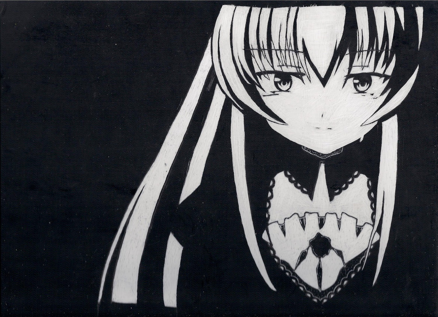 1girl closed_mouth greyscale image long_hair looking_at_viewer monochrome simple_background smile solo suigintou upper_body