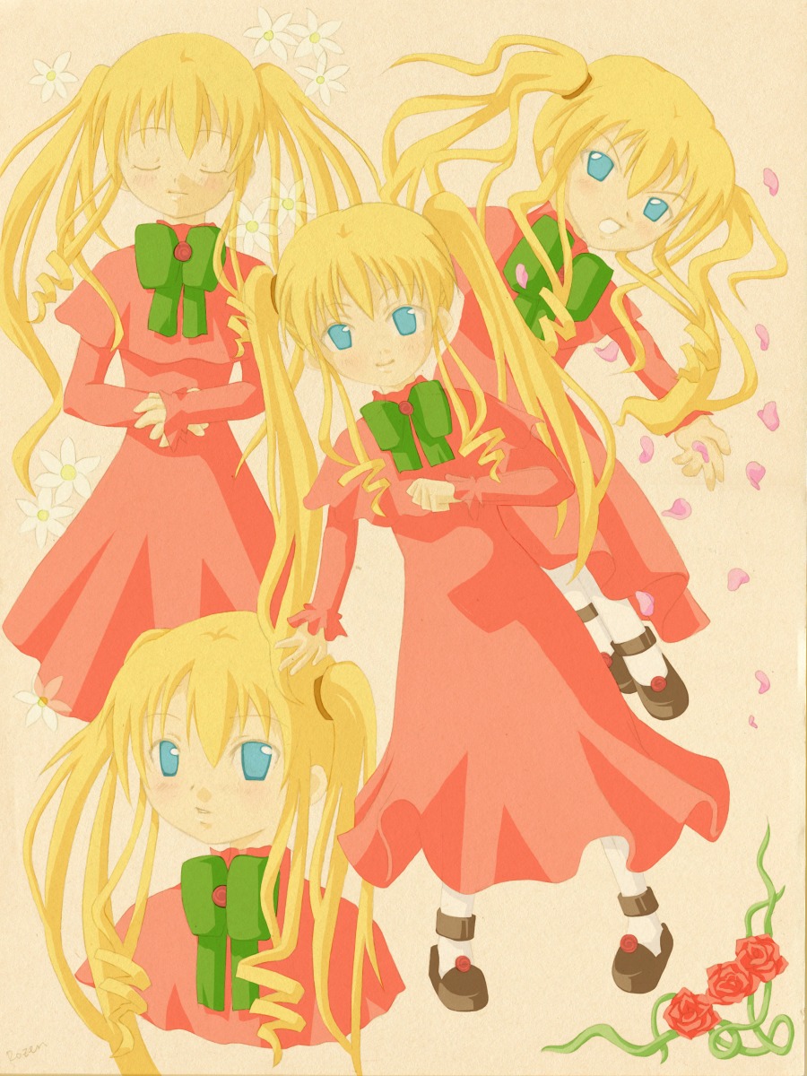 1girl :d blonde_hair blush dress flower green_neckwear image long_hair long_sleeves looking_at_viewer open_mouth petals rose shinku shoes smile solo standing tears twintails