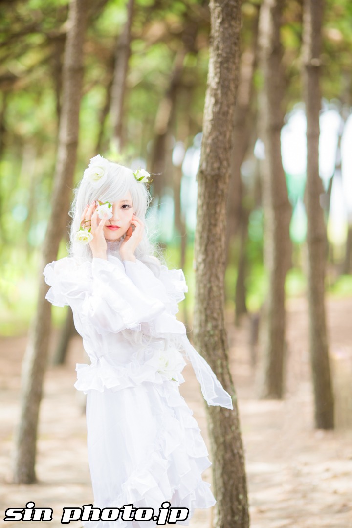 1girl blurry blurry_background blurry_foreground day depth_of_field dress kirakishou solo wedding_dress white_dress white_hair