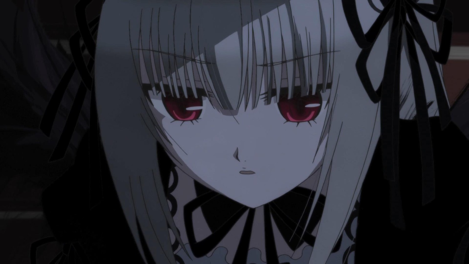 1girl bangs black_ribbon dress eyebrows_visible_through_hair frills hair_ribbon image long_hair looking_at_viewer parted_lips red_eyes ribbon solo suigintou