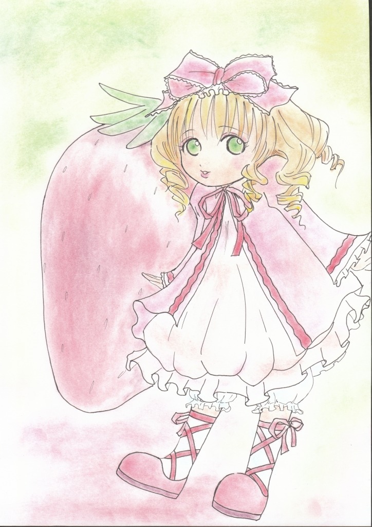 1girl blonde_hair bloomers blush bow cross-laced_footwear dress drill_hair frills full_body green_eyes hina_ichigo hinaichigo image long_sleeves looking_at_viewer pink_bow pink_dress pink_footwear ribbon solo underwear wings