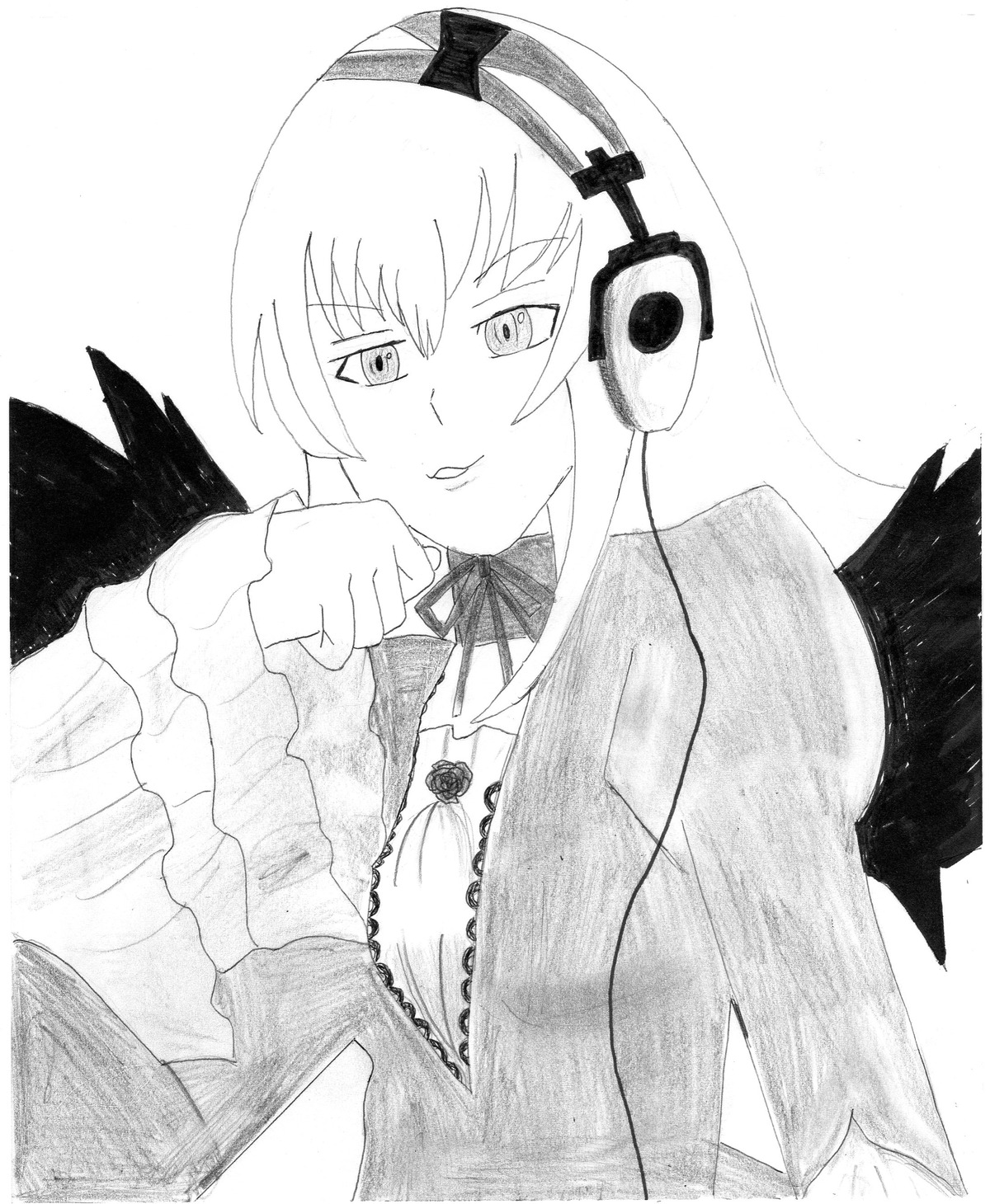 1girl black_wings feathered_wings greyscale headphones image long_hair long_sleeves monochrome ribbon solo suigintou tongue tongue_out traditional_media upper_body wings