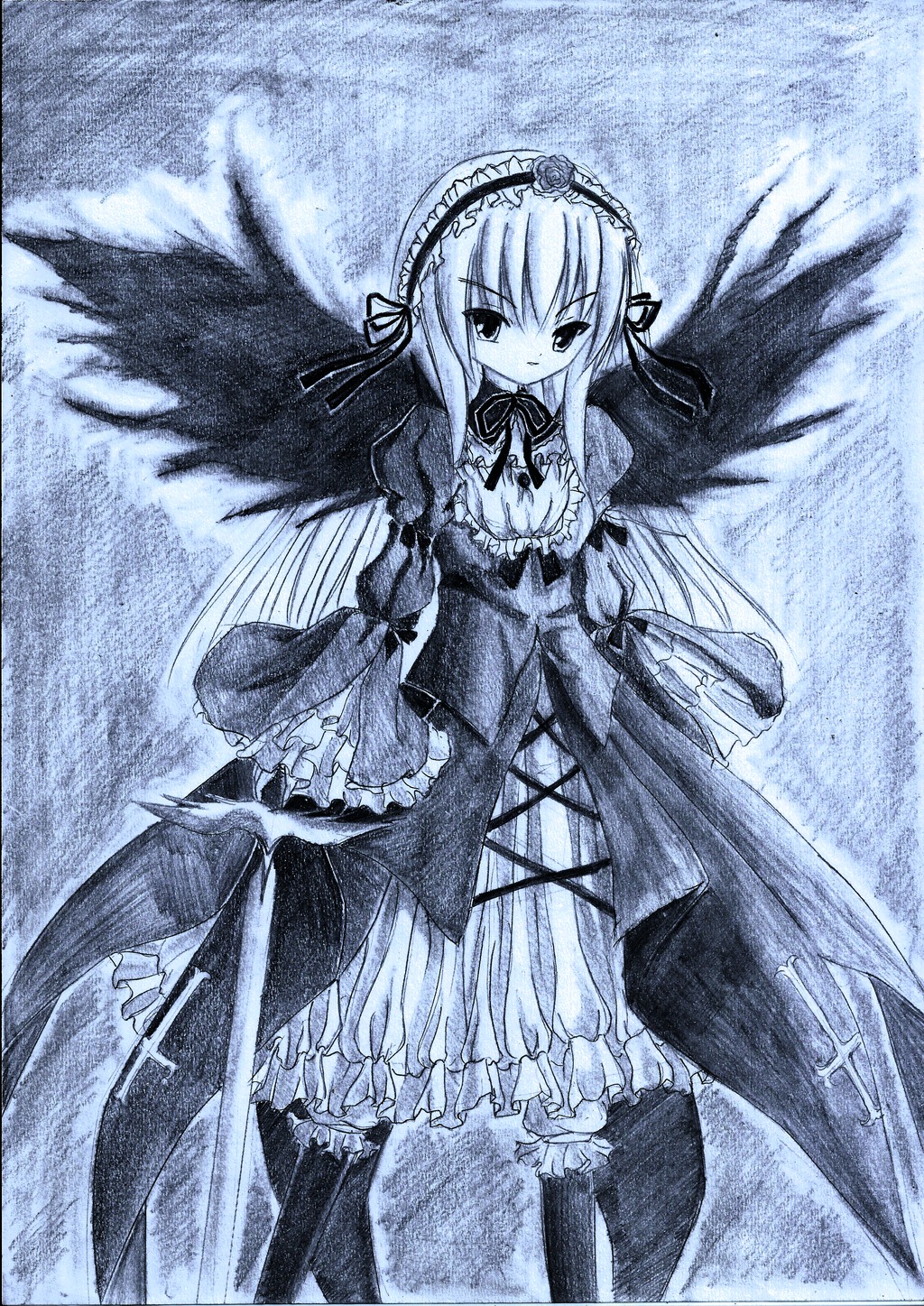 1girl auto_tagged blue_theme dress flower frilled_sleeves frills hairband image lolita_hairband long_hair long_sleeves looking_at_viewer monochrome ribbon rose solo standing suigintou traditional_media very_long_hair wide_sleeves wings