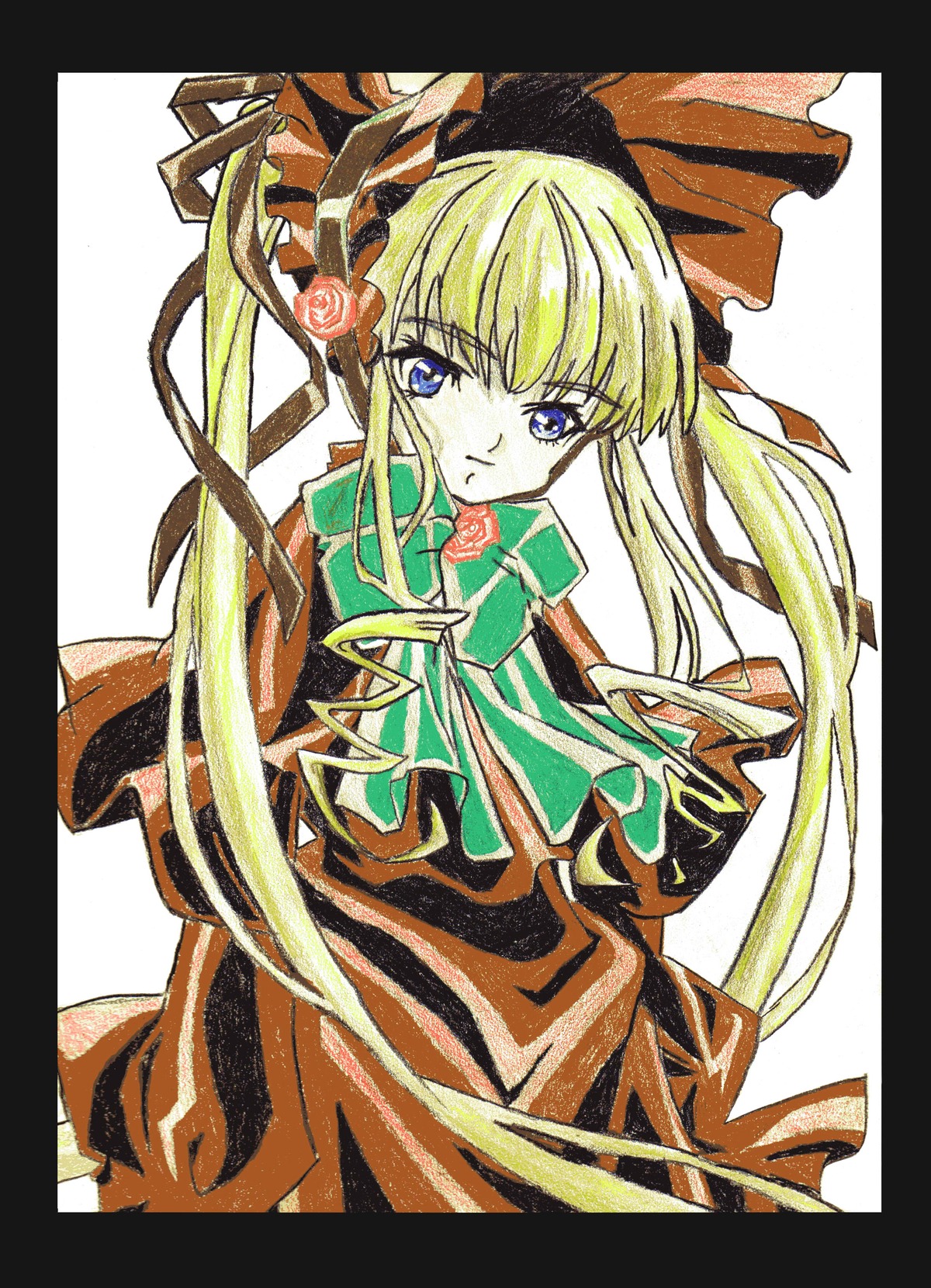 1girl black_border blonde_hair blue_eyes bonnet border bow bowtie capelet dress flower green_bow green_neckwear image letterboxed long_hair long_sleeves looking_at_viewer marker_(medium) red_dress rose shikishi shinku sidelocks simple_background solo traditional_media twintails white_background