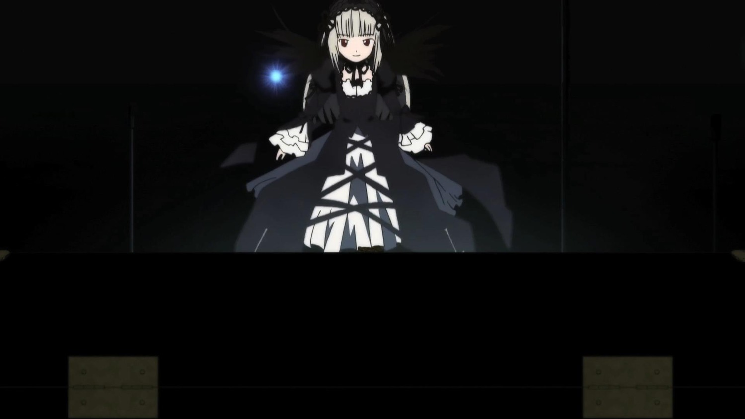 1girl black_background black_dress blunt_bangs dress flower frills gothic_lolita image lolita_fashion long_sleeves looking_at_viewer ribbon rose solo standing suigintou