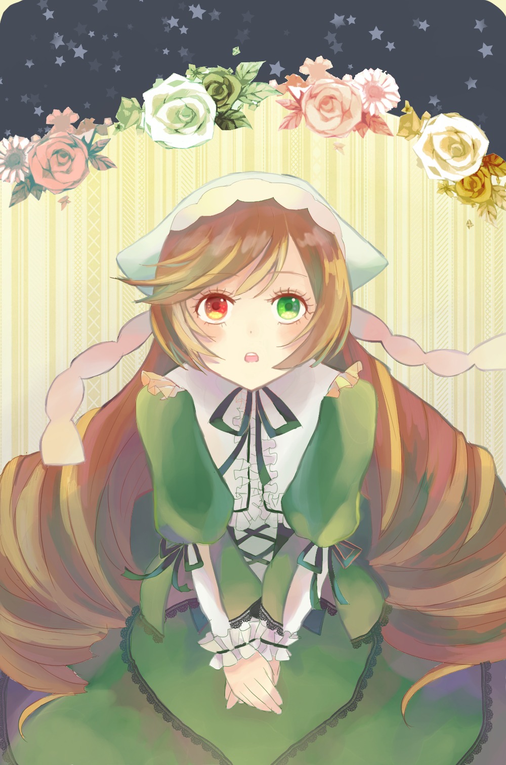 1girl braid brown_hair dress drill_hair flower frills green_dress green_eyes hat heterochromia image long_hair long_sleeves pink_flower pink_rose red_eyes rose solo suiseiseki very_long_hair white_flower white_rose yellow_flower yellow_rose