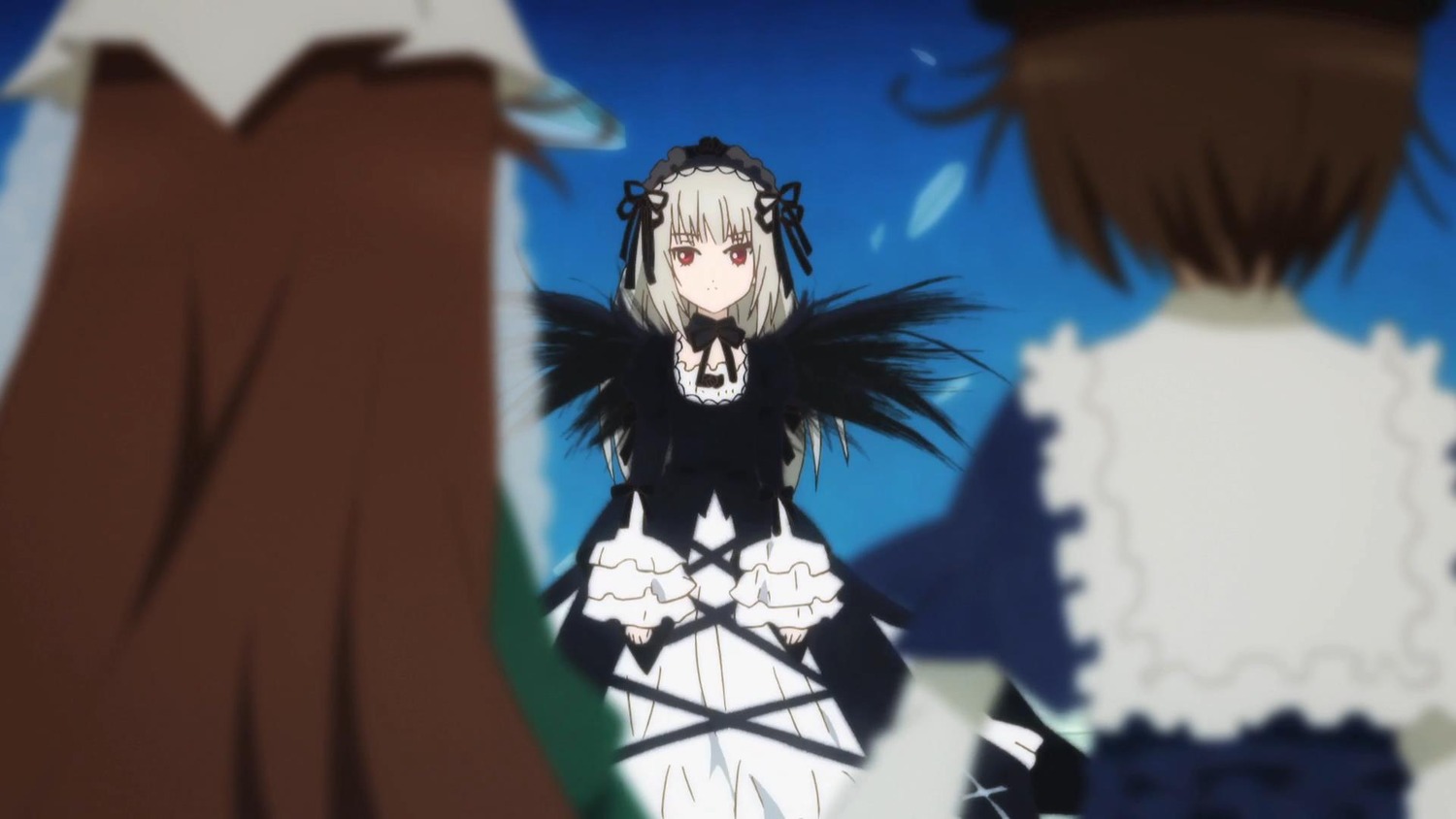1boy 2girls black_dress black_wings blurry blurry_background blurry_foreground brown_hair depth_of_field dress feathered_wings feathers frills gothic_lolita hairband image lolita_fashion lolita_hairband long_hair long_sleeves motion_blur multiple multiple_girls red_eyes ribbon silver_hair suigintou tagme wings