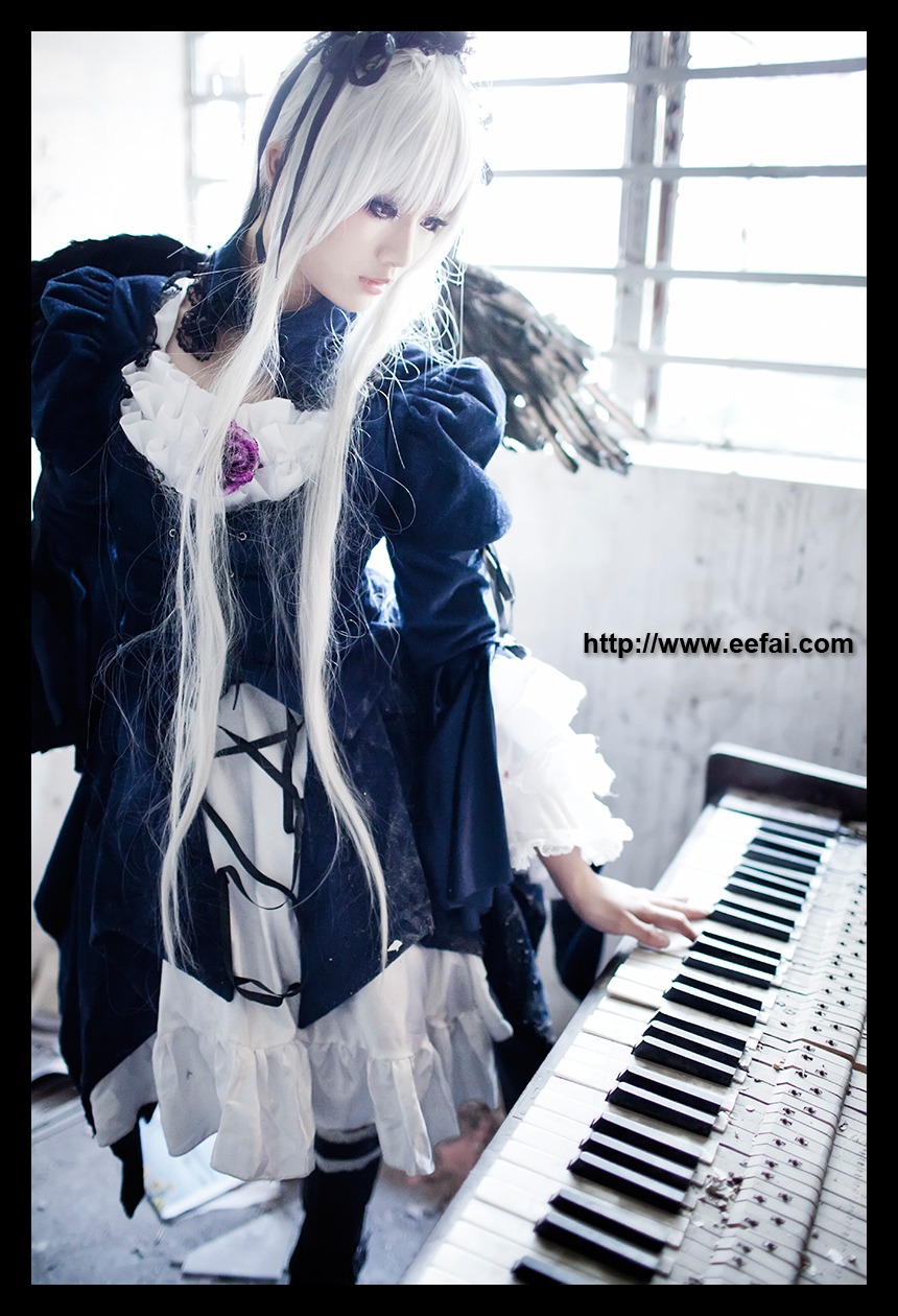 1girl black_border dress frills guitar hair_ornament indoors instrument letterboxed long_hair music piano pillarboxed playing_instrument purple_eyes solo suigintou violin