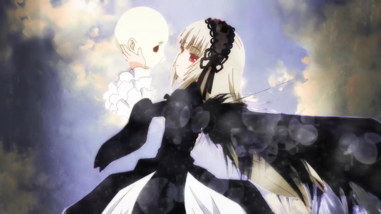 1girl bangs black_ribbon black_wings closed_mouth cloud cloudy_sky dress flower frilled_sleeves frills hairband image long_sleeves red_eyes rose silver_hair sky solo suigintou wide_sleeves wings