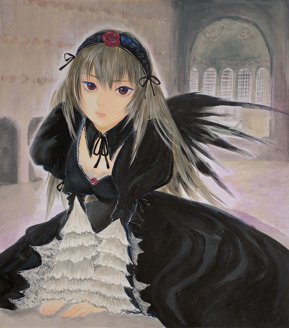 1girl auto_tagged black_dress black_wings detached_collar dress flower frills hairband image lips long_hair long_sleeves looking_at_viewer ribbon rose silver_hair solo suigintou wings