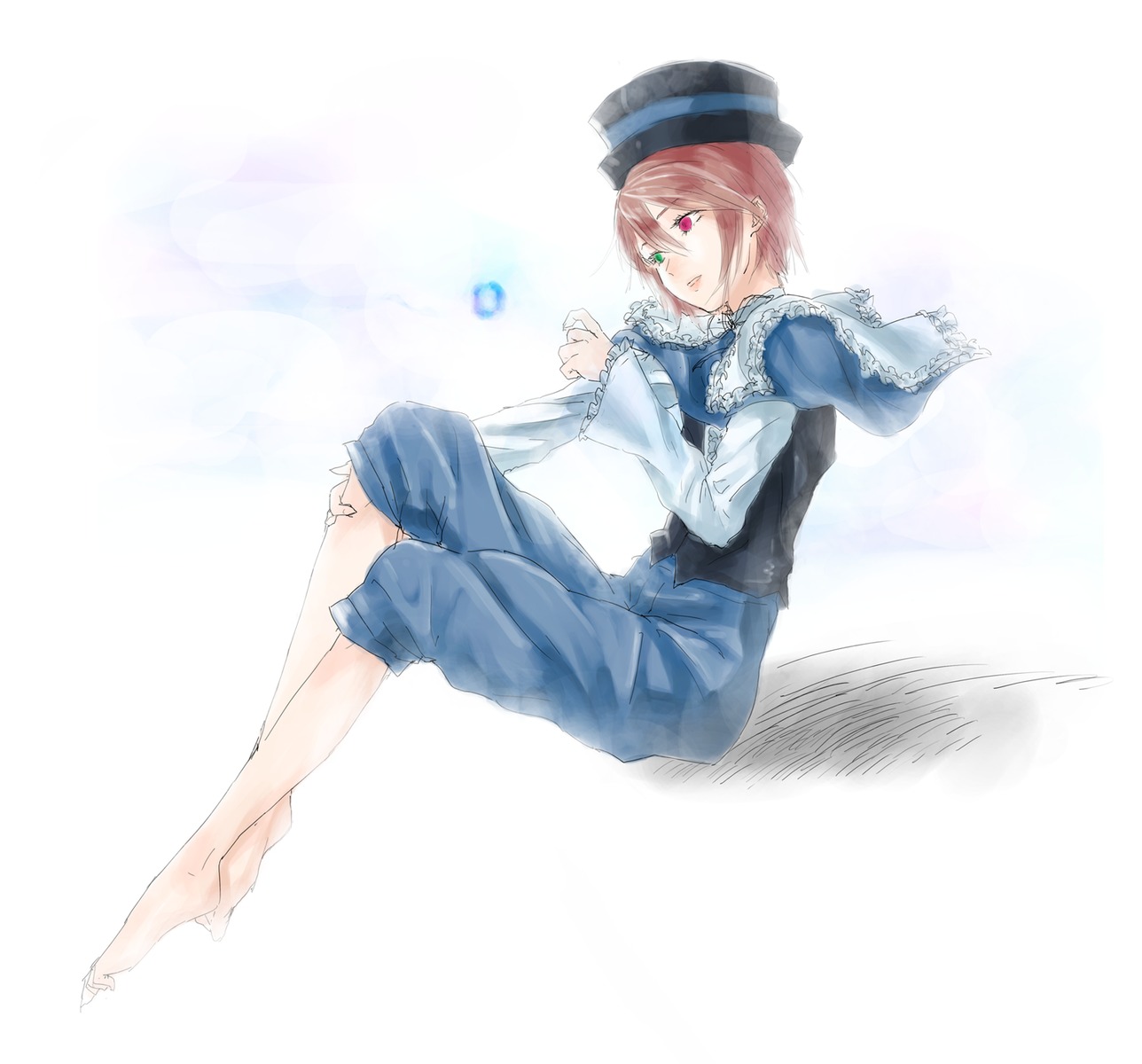 1boy auto_tagged barefoot capelet frills full_body hat heterochromia image long_sleeves looking_at_viewer pants red_eyes sitting solo souseiseki