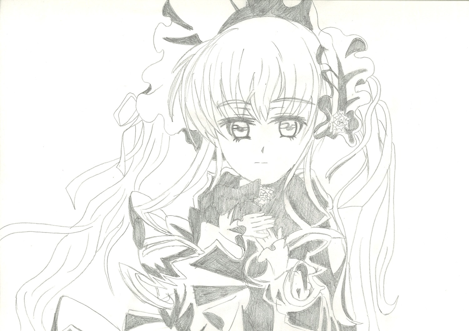 1girl auto_tagged blush bow bowtie dress flower frills hairband image long_hair long_sleeves looking_at_viewer monochrome shinku simple_background solo striped suigintou traditional_media upper_body