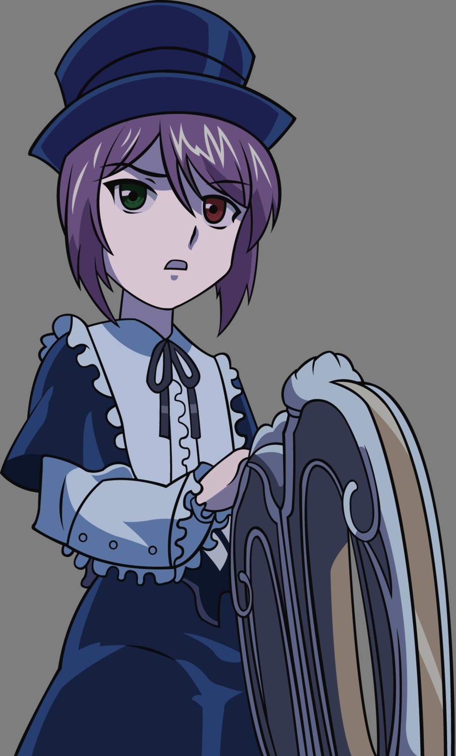 1girl capelet frills green_eyes hat heterochromia image long_sleeves looking_at_viewer purple_hair red_eyes ribbon short_hair solo souseiseki striped top_hat white_background