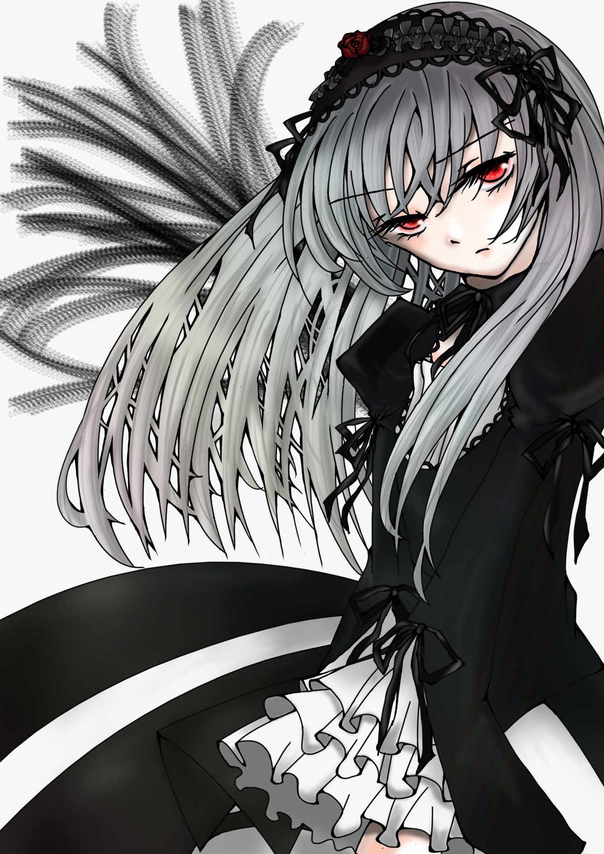 1girl auto_tagged black_dress black_wings dress flower frills gothic_lolita hairband image lolita_fashion lolita_hairband long_hair long_sleeves looking_at_viewer red_eyes ribbon rose silver_hair solo suigintou wings