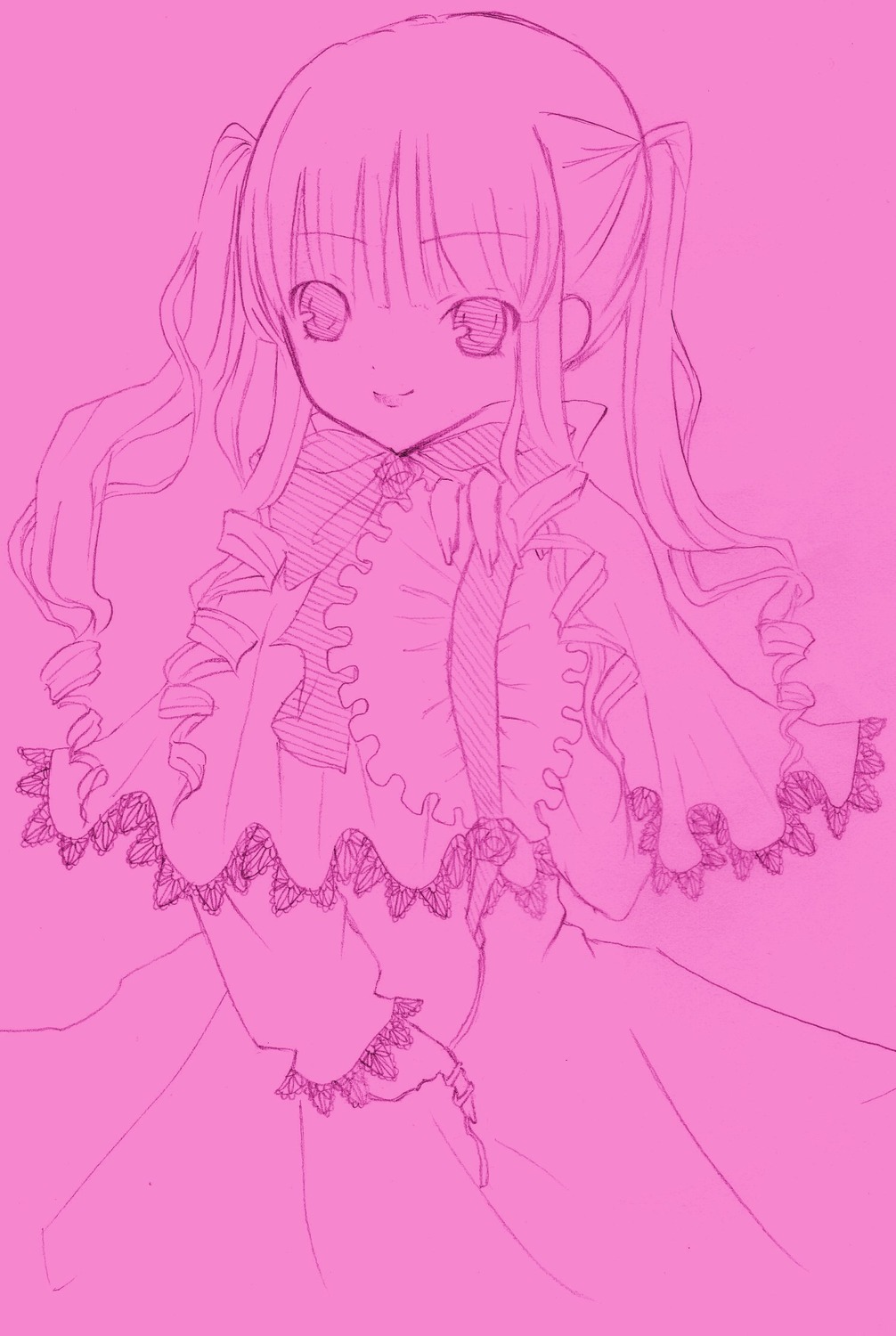 1girl dress drill_hair frills image long_hair long_sleeves looking_at_viewer monochrome pink_background pink_theme purple_theme shinku simple_background smile solo