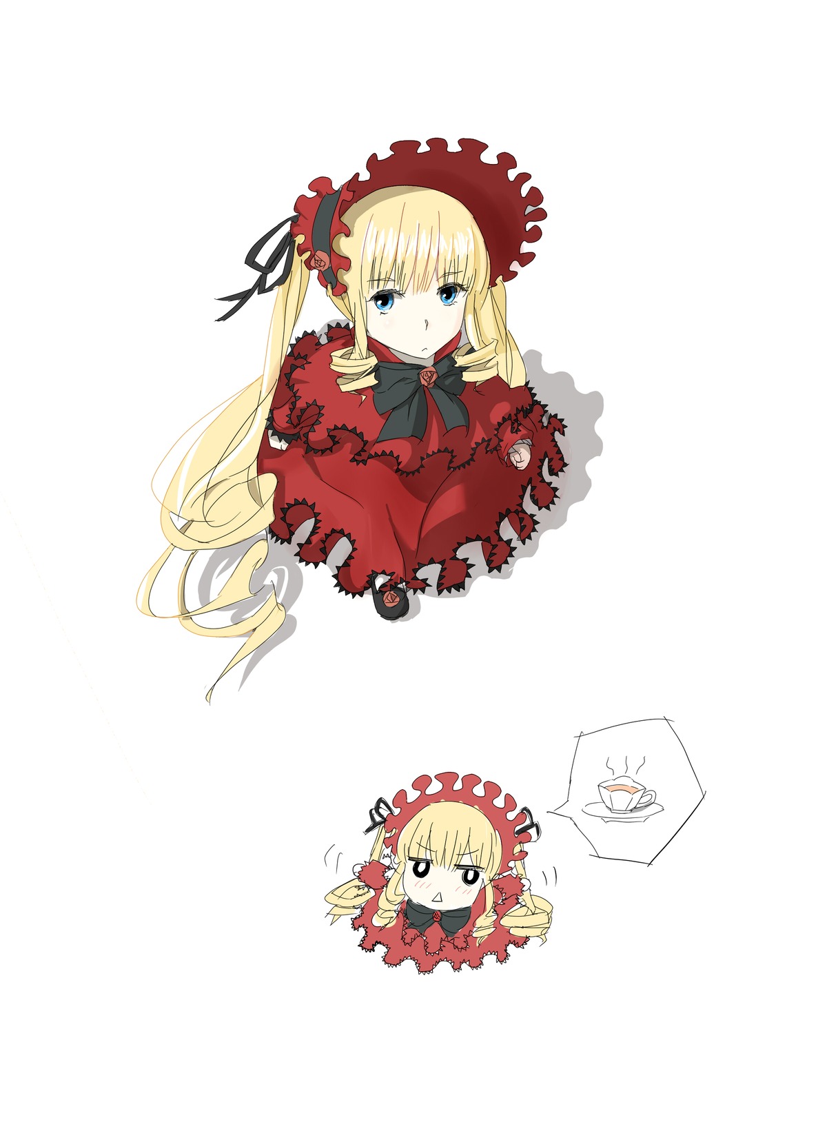 1girl blonde_hair blue_eyes bonnet bow comic dress drill_hair image long_hair shinku solo twintails