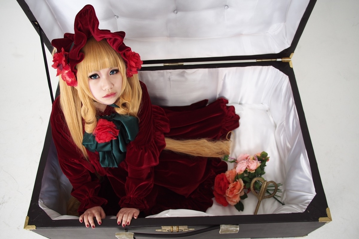 1girl blonde_hair blue_eyes dress flower lips long_hair nail_polish red_dress rose shinku sitting solo