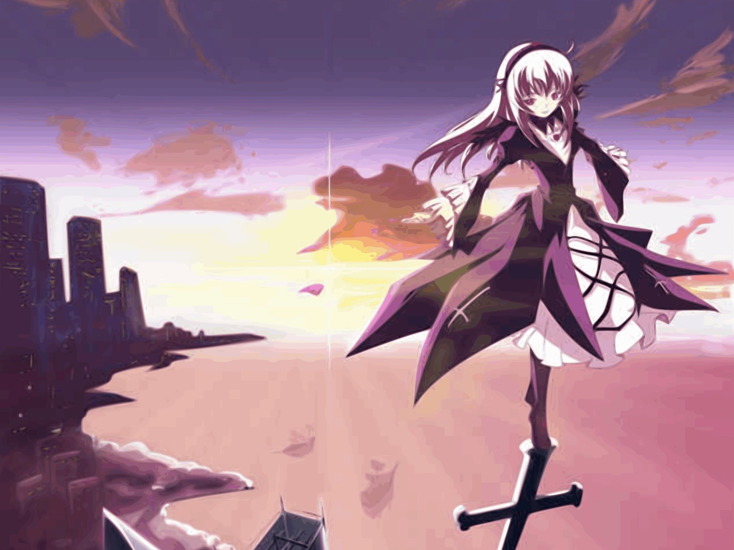 1girl cloud hairband image long_hair sky solo suigintou sunset