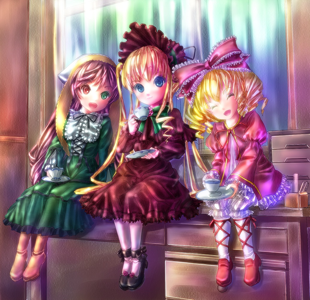 3girls blonde_hair blue_eyes bonnet bow closed_eyes cup curtains dress drill_hair image long_hair looking_at_viewer multiple multiple_girls open_mouth pantyhose pink_bow shinku sitting smile suiseiseki tagme teacup twin_drills twintails very_long_hair white_legwear window