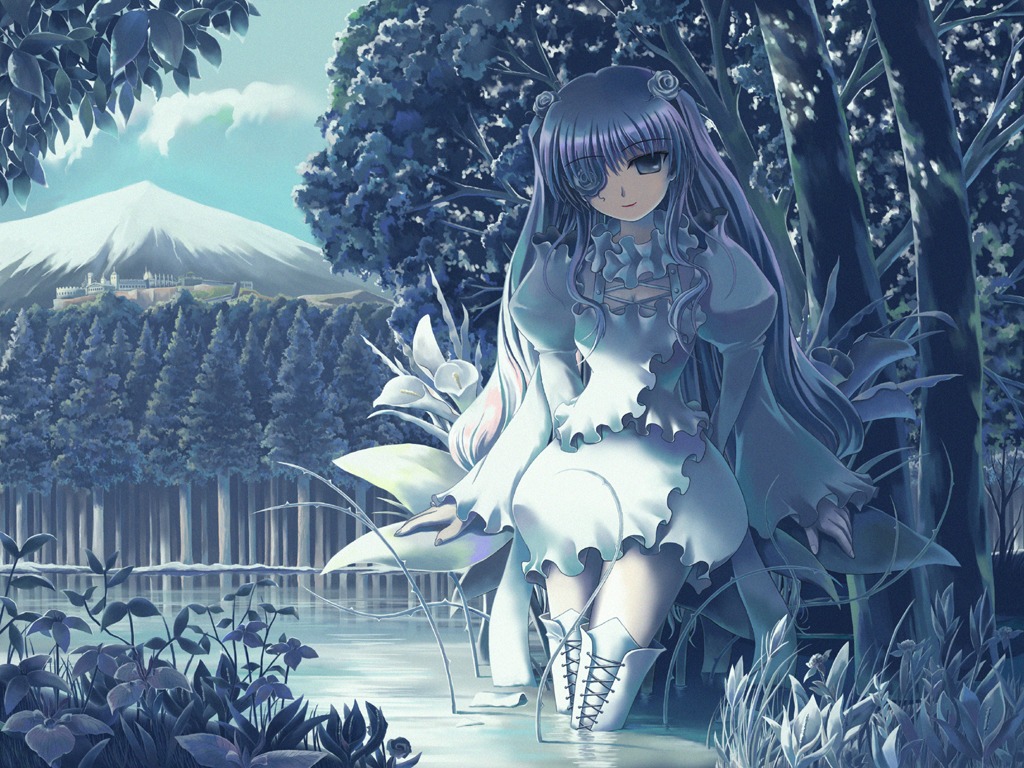 1girl blue_theme boots castle commentary_request dress eyepatch flower forest hair_flower hair_ornament image kirakishou long_hair mountain nature pink_hair plant purple_eyes ranranloo rose rozen_maiden solo thigh_boots thighhighs tree very_long_hair vines water white_flower white_rose