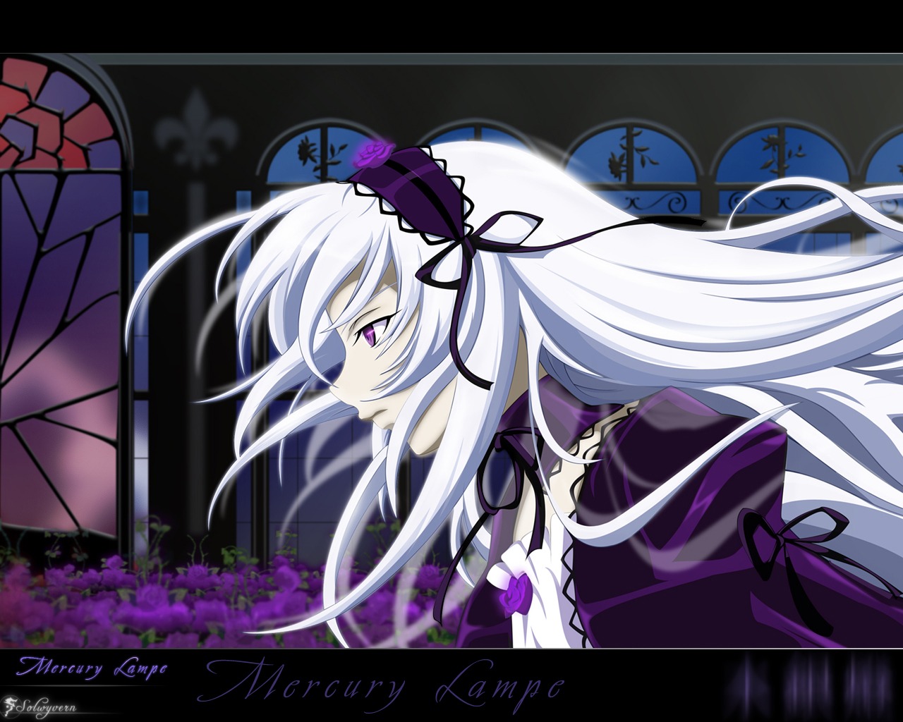 1girl black_ribbon dress flower frills hairband image letterboxed long_hair long_sleeves profile puffy_sleeves purple_eyes purple_flower ribbon silver_hair solo suigintou wings