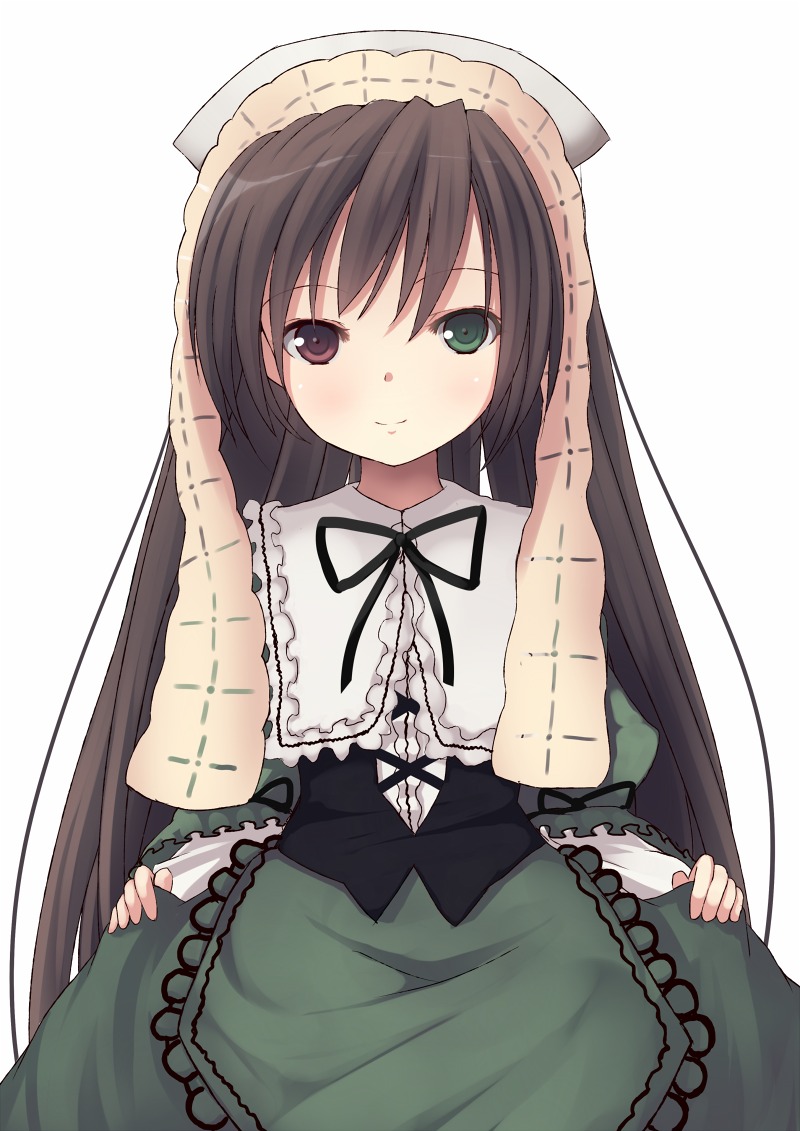 1girl bangs black_ribbon blush brown_hair dress frills green_dress green_eyes heterochromia image long_hair long_sleeves looking_at_viewer neck_ribbon ribbon simple_background smile solo suiseiseki very_long_hair white_background