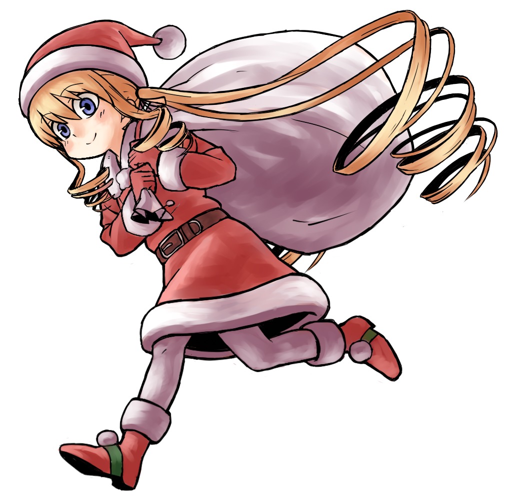 1girl belt blonde_hair blue_eyes blush boots christmas commentary_request drill_hair full_body gloves hat iefukurou image long_hair pantyhose rozen_maiden running sack santa_costume santa_hat shinku smile solo twin_drills twintails very_long_hair white_background