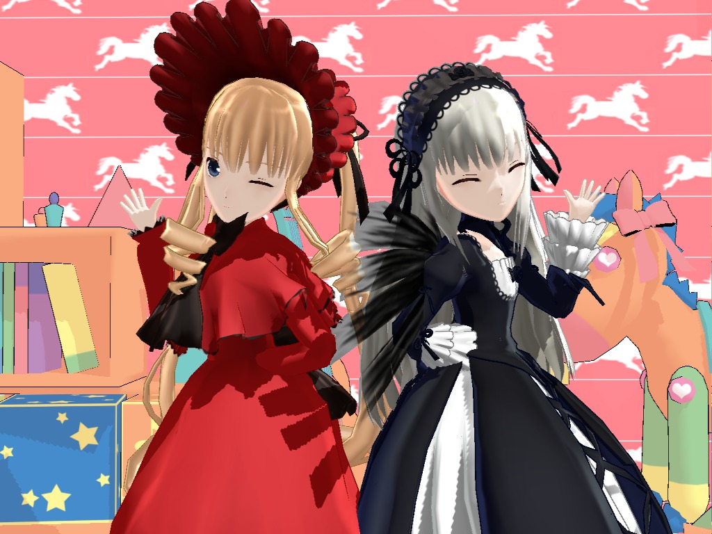 2girls black_wings blonde_hair blue_eyes bonnet closed_eyes dress drill_hair hairband image long_hair long_sleeves multiple_girls one_eye_closed pair shinku silver_hair suigintou wings