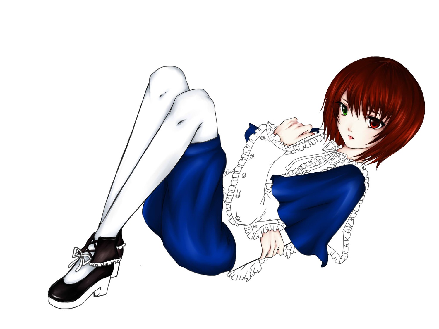 1boy capelet frills full_body green_eyes heterochromia image long_sleeves otoko_no_ko pantyhose red_eyes shoes short_hair sitting skirt solo souseiseki striped white_legwear